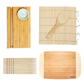 Joyce Chen 4-Piece Sushi Bundle, Includes Sushi Board, Sushi Roller, 10-Pairs Bamboo Chopsticks, and a 10x15 inch Bamboo Cutting Board