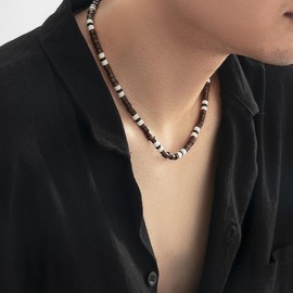Surfer Necklace for Men,Handmade Men Beaded Choker Necklace,Mens Surfer Heishi Necklace with Wooden Beads (Wood bead necklace)