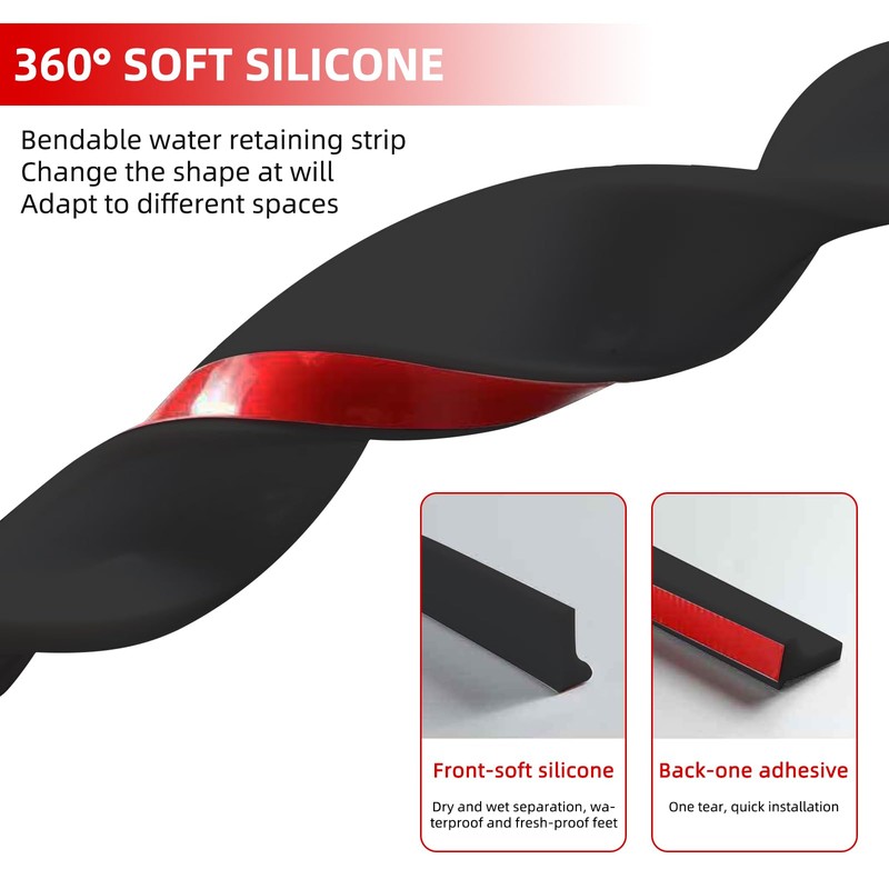 bzijaslle Silicone Shower Seal Water Dam, Black, Shower Threshold Water