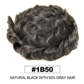 Topunique Mens Swiss Lace Toupee, #1B50 Natural Black with 50% Gray Hair 8x10 Inch Size Single-Knotted Invisible Hairline Remy Human Hair Piece