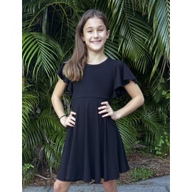 Arshiner Girl's Summer Dresses Ruffle Short Sleeve Swing Flowy Midi Casual Sundress with Pockets A Black Kids 5-6 Y