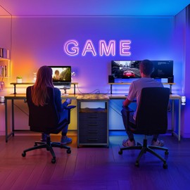 DOMICON 94.5'' Extra Long Computer Desk with Power Outlet & LED Lights, 2 Person Desk with Storage Shelves and Monitor Stand for Home Office, Double Gaming Desk, Brown