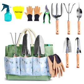 Gardening Tool Set – 24-Piece Heavy-Duty Hand Tools with Wooden Handles & Organizer Bag – Rust-Proof Garden Kit with 15 Plant Tags for Gardeners (Pack of 24)