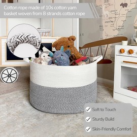INDRESSME Large Storage Basket, 21.7'' x 13.8'' Cotton Rope Blanket Basket Living Room, Toy Organizers and Storage with Handles for Kids, Laundry Baskets for Clothes, Towel, 90L Grey