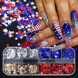 12 Grids Stars Nail Art Glitter Sequins 3D Holographic Nail Glitter Flakes Design Independence Day Acrylic Nail Sequins America 4th of July Star Nail Sequins for Women Girls Decorations