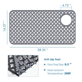 Flytime Silicone Kitchen Sink Protector Mat with Right & Left Drain, 28.35"x 14.37" Kitchen Snk Grid Accessory, Non-Slip Heat-Resistant Mat for Bottom of Farmhouse Stainless Steel (Dark Grey)