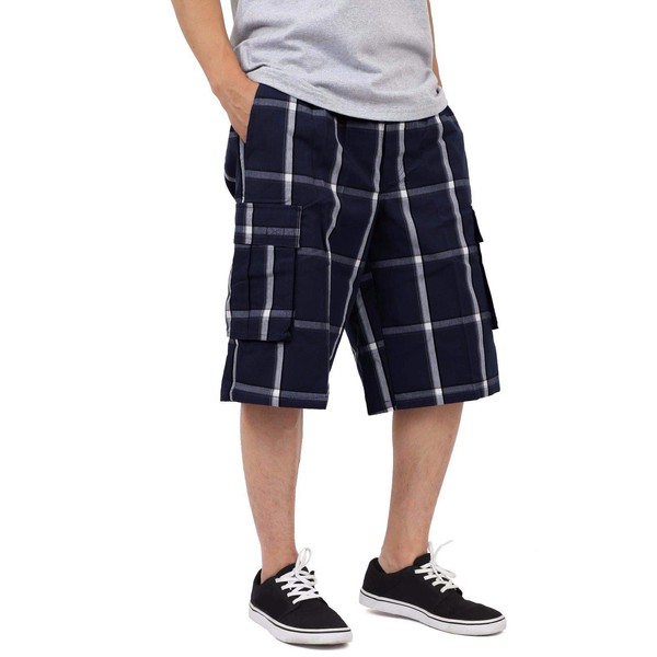 Shaka Wear Pantalones cortos cargo para hombre, estilo casual, a cuadros, ajuste holgado, cintura elástica, con múltiples bolsillos, talla S ~ 5XL, marino, Medium