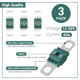 Tixlux Midi Fuse, 3 Pieces 40A Midi Screw Fuse, 1 Piece ANS Fuse Holder, 1 Piece Wrench, 12V-58V Midi High Current Fuse for Car, Truck, SUV, RV