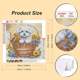 WSLWXSHM Diamond Painting Kits for Adults, Dog Round Full Drill Diamond Art Kits, 5D DIY Paint with Diamonds Crafts for Home Wall Decoration Gifts 12×12Inch Flower Basket