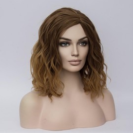 BERON 14" Women Girls Short Curly Bob Wavy Wig Body Wave Daily Hair Party Wigs (Dark Brown to Light Brown)