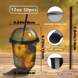 12oz Disposable Stemless Glasses With Dome Lids and Straws,PET Disposable Drinking Cups,Clear Plastic Wine Glasses for Parties Birthday,Wedding,Meeting,Christmas Party Supplies (50, Black Dome)