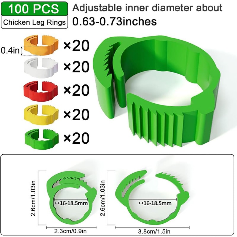 GGUFAY Pack of 100 Poultry Bands, Adjustable Chicken Rings, Plastic