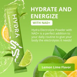 Hydra Powders NAD+ Nutrients Electrolyte Powder Packets, Anti Aging Daily Hydration Packets, Low Sodium Electrolytes Powder, Electrolyte Drink Mix Low Sugar - 16 Electrolyte Packets Lemon Lime