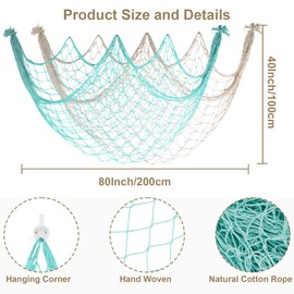 2 Pack Decoractive Fishing Net 80x40 Inch, 3mm Thickness Light Blue+Beige Natural Cotton Large Picture Wall Hanging Fish Net, Party Decorations Fishnet for Nautical Pirate Beach Mermaid Themed Party