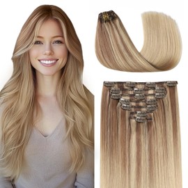 COOKAYU Clip in Hair Extensions Real Human Hair, 10/16/16 Gold Brown to Caramel Blonde Ombre Hair Extensions Clip in Human Hair, 18inch 120g 7Pcs