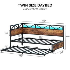 LIKIMIO Daybed with Trundle, Metal Twin Size Bed Frame with Charging Station and LED Lights, Sofa Day Bed with Strong Supports for Living Room, Bedroom and Guest Room