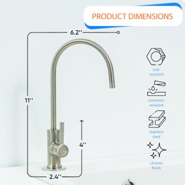 Aquaboon Non-Air Gap RO Faucet Brushed Nickel - Reverse Osmosis Faucet - Drinking Water Faucet for Kitchen Sink fits Water Filtration System - Filtered Water Faucet Stainless Steel - Beverage Faucet