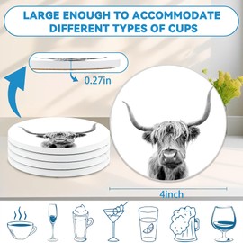 Highland Cow Coasters Set of 4, Absorbent Ceramic Drink Coasters with Cork Backing, Western Theme Coasters for Table Home Décor, Ideal Gifts for Women Men
