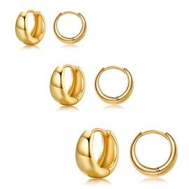 Sterling Silver Hoop Earrings for Women Grils | 3 Pairs Gold Small Hypoallergenic Chunky Sleeper Huggie Hinged Hoops Set Jewelry Gifts for Birthday Multiple Piercing, 8/10/12mm
