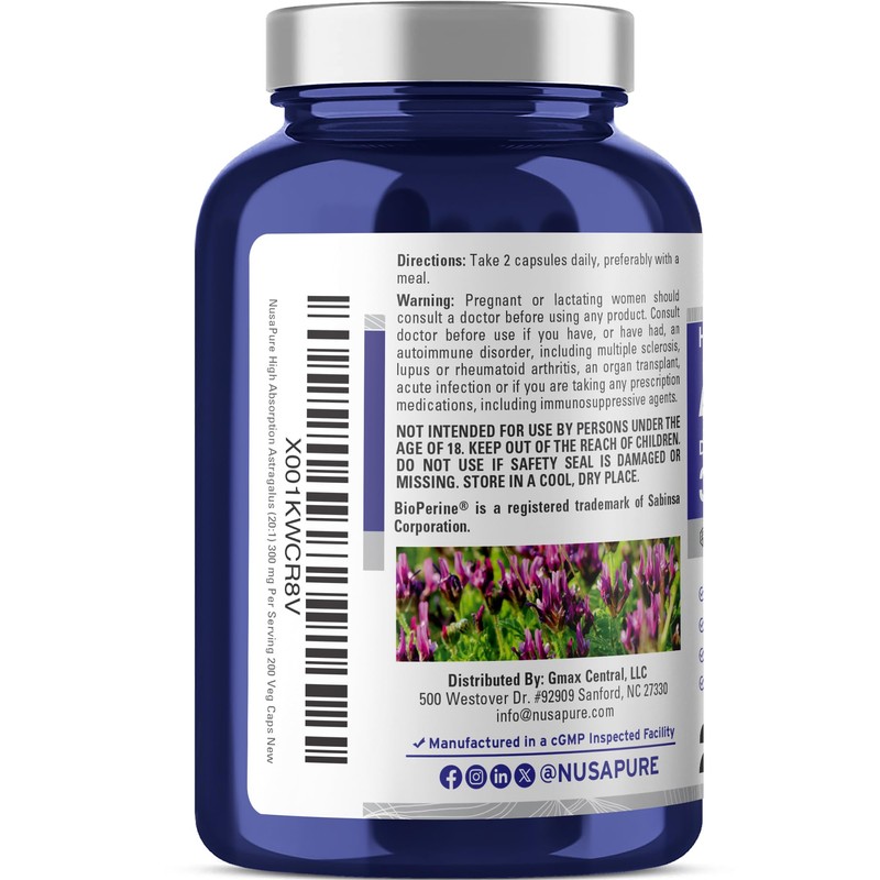 NusaPure Astragalus Capsules, 300 mg, 200 Veg Capsules (Non-GMO, Vegan)