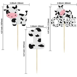 Gyufise 24Pcs Cow One Cupcake Toppers Glitter Farm Animals First Birthday Cupcake Picks Decorations for Baby Shower Kids Boys Girls 1st Birthday Party Supplies Black