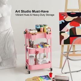 3 Tier Rolling Cart Metal with Wheels & Table Top, Pink Utility Cart with Cups and Hooks, Three Tiered Craft Cart Organizer on Wheels, Storage Carts for Salon, Lash, Hair, Nail, Makeup, Diaper, Book