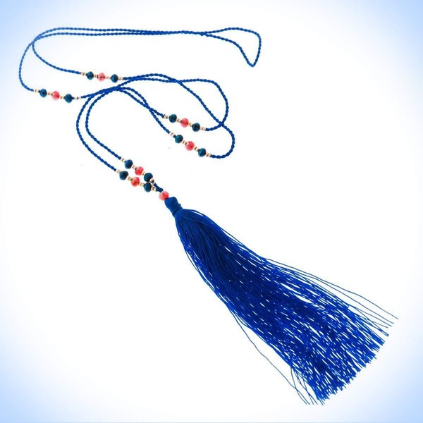 32" Necklace Long Beaded Blue Red Beads With Tassel Pendant