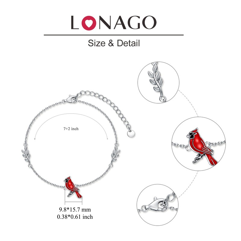 LONAGO 925 Sterling Silver Red Cardinal Bird Bracelet Adjustable Link