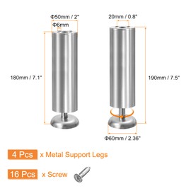 uxcell 4Pcs Metal Adjustable Furniture Legs, 180-190mm(7.1"-7.5") Cabinet Feet Support Replacement for Bed, Chair, Sofa, Table, Silver (W/Screws)