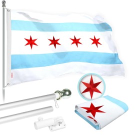 UD_G128 Flag Pole 5 FT Silver Tangle Free & Chicago Flag 2x3 FT Combo Embroidered Spun Polyester