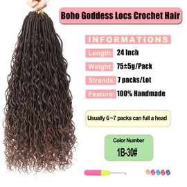 Goddess Locs Crochet Hair 7 Packs Bohemian Faux Locs Pre-Looped Braids, Boho Goddess Soft Locs Crochet Hair with Curly Ends Hair Extensions for Women (T30, 24 Inch)