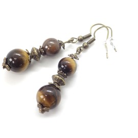 Ohrringe mit braunen Tigerauge-Perlen und antiken Bronzeperlen