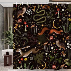 Rustic Forest Shower Curtain, Fairy Country Owl Butterfly Mushroom Hunting Woodland Wild Animals Shower Curtain, Cabin Farmhouse Lodge Bahtroom Accessories Set with Hooks 69X72IN