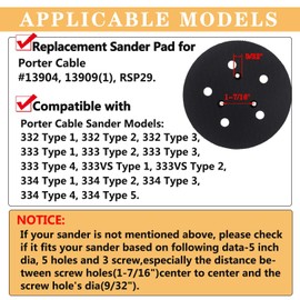 5 Inch Dia 5 Hole Replacement Sander Pad for Porter-Cable OE # 13904, 13909 (1), RSP29 - Fits Porter-Cable Model 333 and Model 333VS Random Orbit Sanders - Hook & Loop Sander Pad