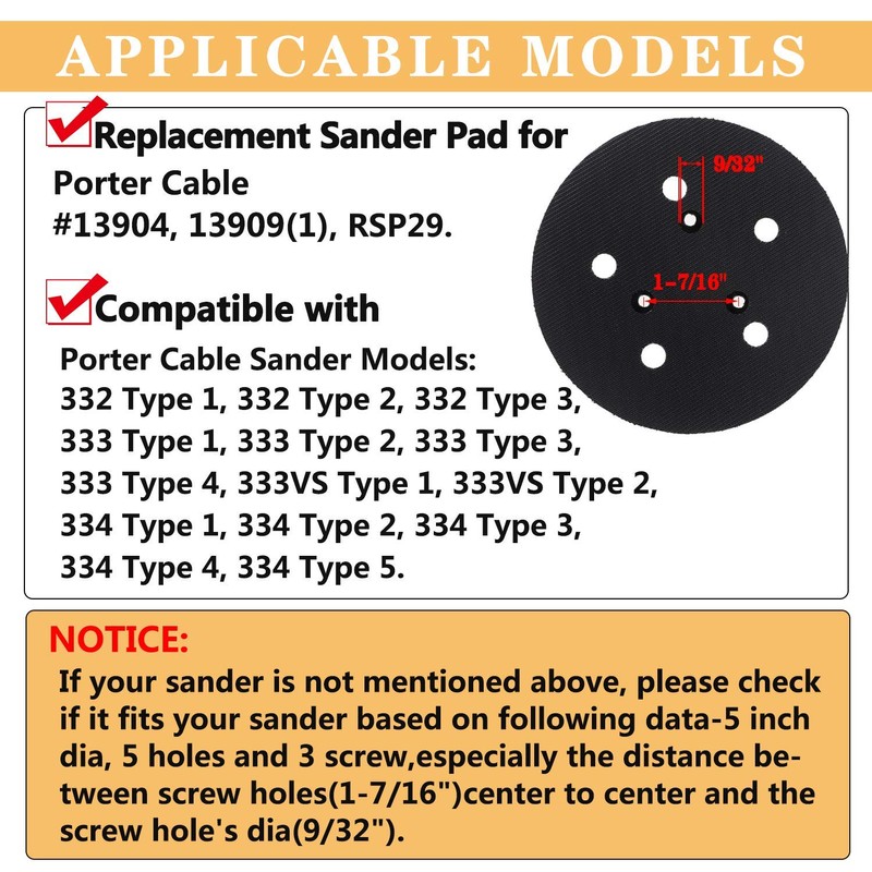 5 Inch Dia 5 Hole Replacement Sander Pad for Porter-Cable