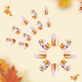 Fall Press on Nails Short Square Fake Nails Thanksgiving Pumpkin Acrylic Artificial Nails Autumn False Nails with Fallen Leaves Designs Stick on Nails Glitter French Tip Nails Press ons for Women