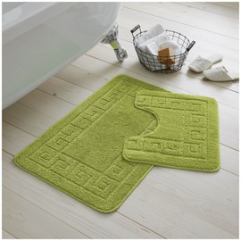 VELVETIO Bath Mat Set 2 Piece Machine Washable for Bathroom, Jacquard Greek Non Slip Quick Dry Shower Rugs & Bathtub Mats, Highly Water Absorbent 100% Polypropylene Toilet Rug Sets, Green
