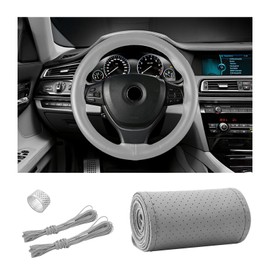 Ziciner Genuine Leather Steering Wheel Cover, Stitch on Wrap, Breathable Anti-Slip Car Steering Wheel Protector for Max Diameter 15 Inch, DIY Sewing with Needles Thread (Gray, Hole)