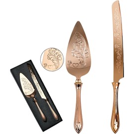 KSENDALO - Juego de cuchillos y servidores para tartas de boda, juego de corte de pasteles de oro rosa para boda, juego de cuchillos y servidores de pasteles de acero inoxidable SUS304 para bodas
