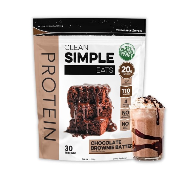 Clean Simple Eats Chocolate Brownie Batter Whey Protein Powder, Natural Sweetened and Cold-Pressed Whey Protein Powder, 20 Grams of Protein, 30 Servings
