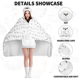 Snowy Owl Wearable Hooded Blanket Adult Gift - Cozy Blanket Hoodie Cape Throw for Women Men, Birthday Holiday Presents (Thick style - B, 59.1"x51.2")