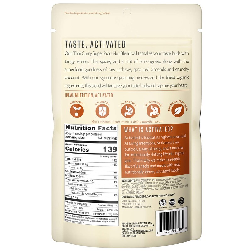 Living Intentions Sprouted Organic Nut Blend– Thai Curry– NonGMO –