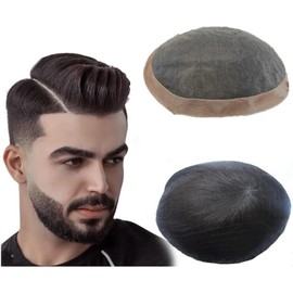 Tupé for hombre, tupé fino monofilamento, sistema de reemplazo de cabello humano, prótesis capilar, cabello negro natural.(6"X8")