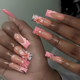 24 Pcs Long Press on Nails Nude Color Glossy Pearl Designs French Tips Nails Square Nails with 3D Flower Patterned Pink Gradient Square Nails Artificial Full Cover Long Fake Nail for Women