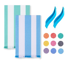 2 Packs Oversized Cotton Stripe Turkish Beach Towel 72"x36"Thin Quick Dry Sand Free Pool Swim Towels Large Xl Clearance Blanket Adult Travel Essentials Accessories Vacation Light Green Navy Blue Stuff