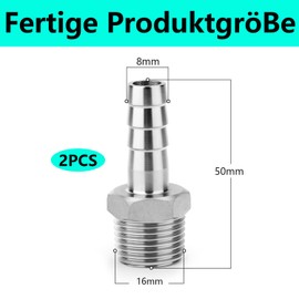 QZKJQDD Pack of 2 Hose Nozzles, Stainless Steel, Reduction Hose Barb Adapter, 8 mm Barb to 3/8 Inch BSP Male Hose Barb, Hose Connector, Compression Fittings for Water, Industry