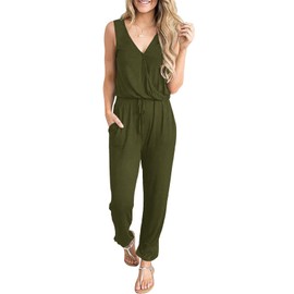 CLOUSPO Jumpsuit for Women Summer Elegant Playsuit Casual Jumpsuit Sleeveless Romper Adjustable Waistband V-Neck with Pockets, Green B, M