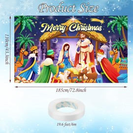 DPKOW Christmas Nativity Scene Banner Merry Christmas Background Banner Three Kings Religious Manger Scene Banner Birth of Jesus for Night Stars Xmas Nativity Party Decorations, 185 * 110cm
