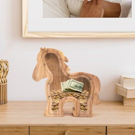 Wooden Snake Dragon Horse Piggy Bank, 2025 Year of The Snake Zodiac Money Box, Clear View Acrylic Window, Handcrafted Money Jar for Home Decor & Birthday Gifts (Horse)
