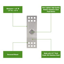 Waterwood Craftsman Doorbell in Silver 1/8" Thick Grade 304 Stainless Steel - Adhesive Mount/Rust Proof - 1.25" W x 4" H x 0.19" D
